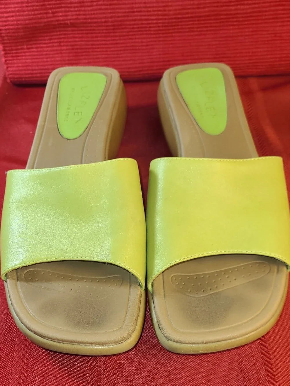 Lizflex By Claiborne Lime Green Leather Wedge Slide Sandals Comfort Women Size 9